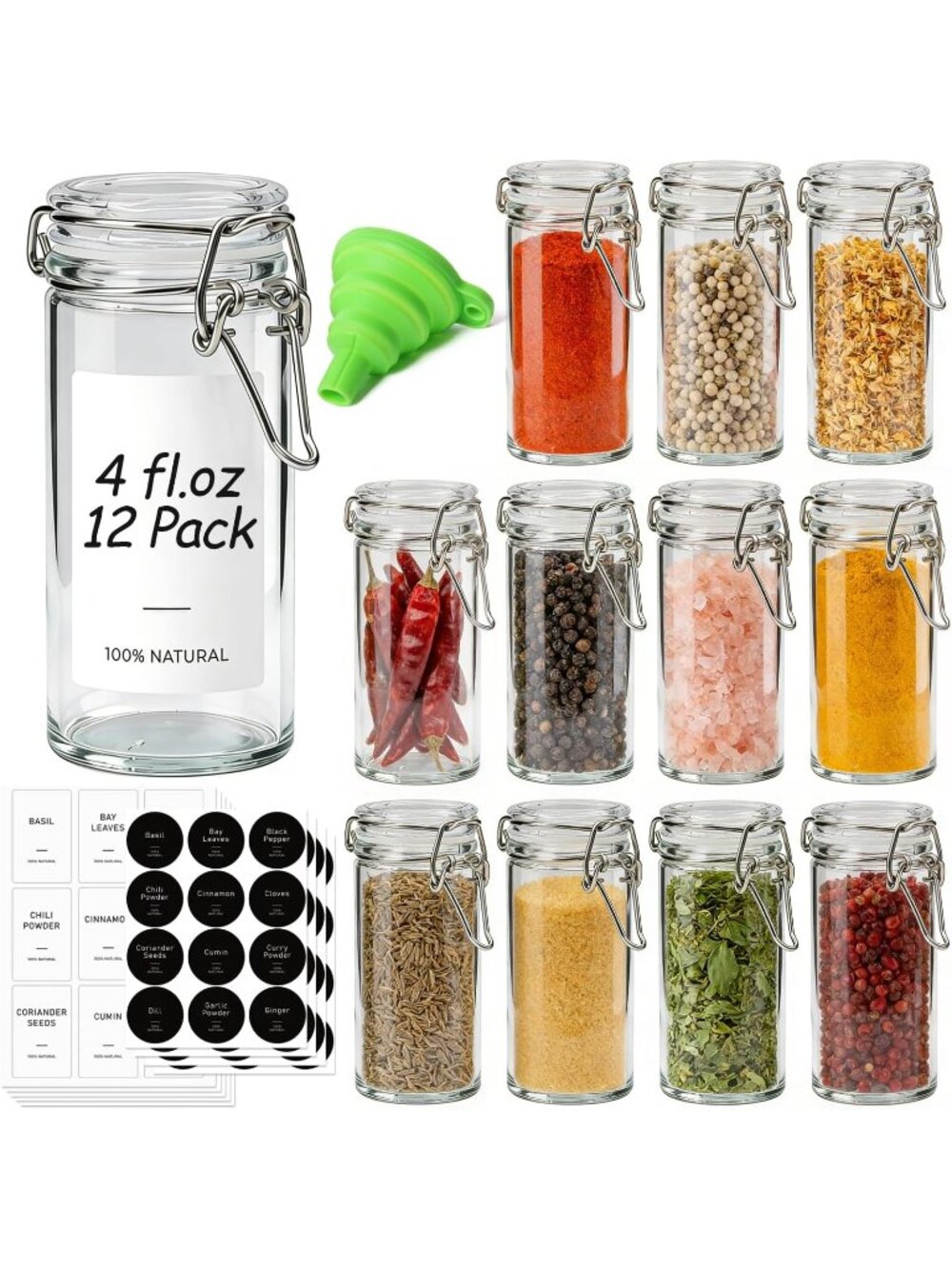 New Small Glass Spice Jars with Airtight Lids 4 oz 12 Pack with Labels